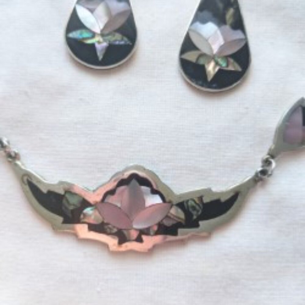 Mexico Alpaca Silver Black Inlay Abalone Necklace and Earring set - Picture 11 of 12